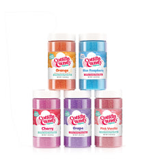 Cotton Candy Express orange floss sugar jar highlights vibrant flavor for crowd-pleasing treats.