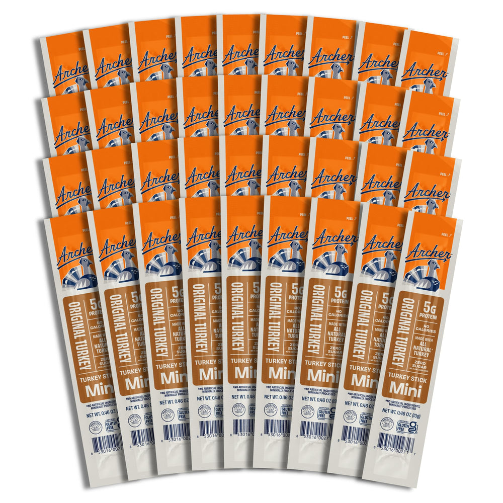 Country Archer mini turkey jerky sticks arranged in a snack pack for on-the-go protein.