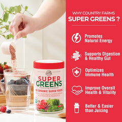 Country Farms Super Greens berry label closeup highlighting USDA Organic ingredients.