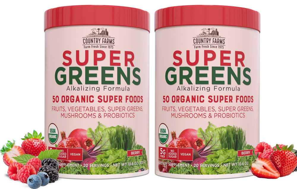 Country Farms Super Greens berry tub for daily nutrition with farm-fresh ingredients.