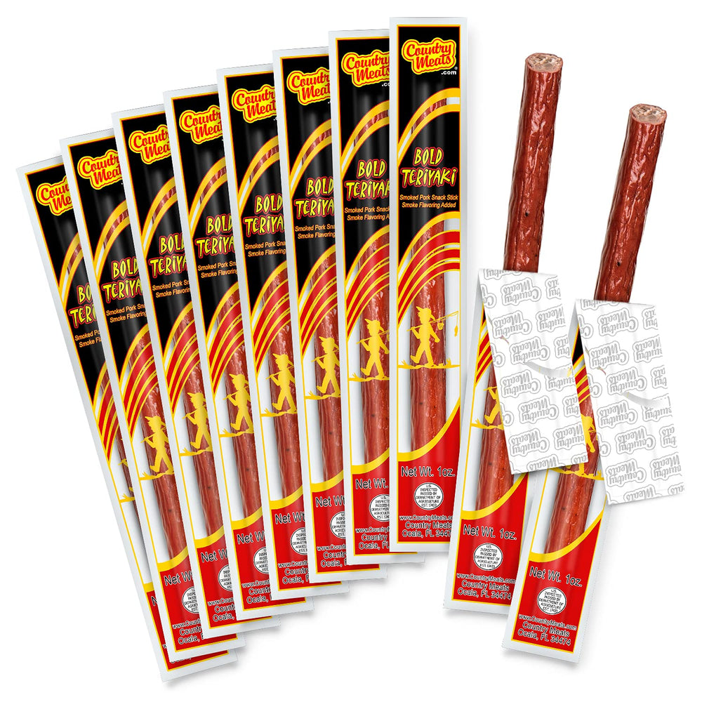 Country Meats Bold Teriyaki ten-stick front-pack showing convenient, protein-rich snack.