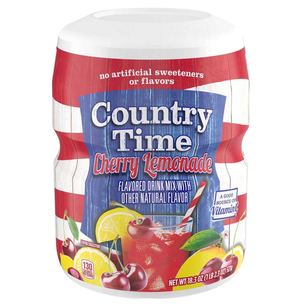 Country Time Cherry Lemonade canister with easy-measure lid for quick family servings.