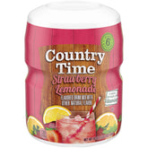 Country Time Strawberry Lemonade canister with resealable lid for easy storage.