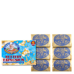 Cousin Willie's Buttery Explosion bag open showing crispy, golden popcorn texture.