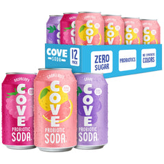 Cove Soda Raspberry can showcasing probiotic goodness and zero sugar option