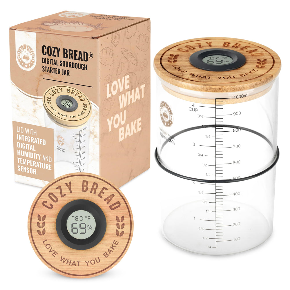 Cozy Bread digital sourdough starter jar with thermometer display for real-time fermentation monitoring.