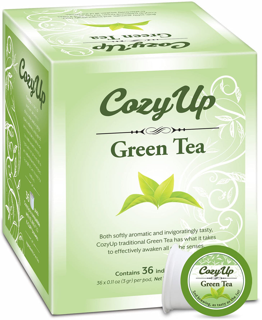 Cozy Up green tea K-Cup pods packaging for quick, fresh brews.