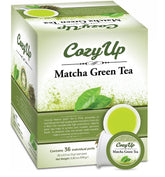 Cozy Up matcha K-Cup pods in a packshot, convenient tea in seconds