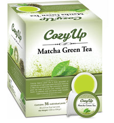 Cozy Up matcha K-Cup pods in a packshot, convenient tea in seconds