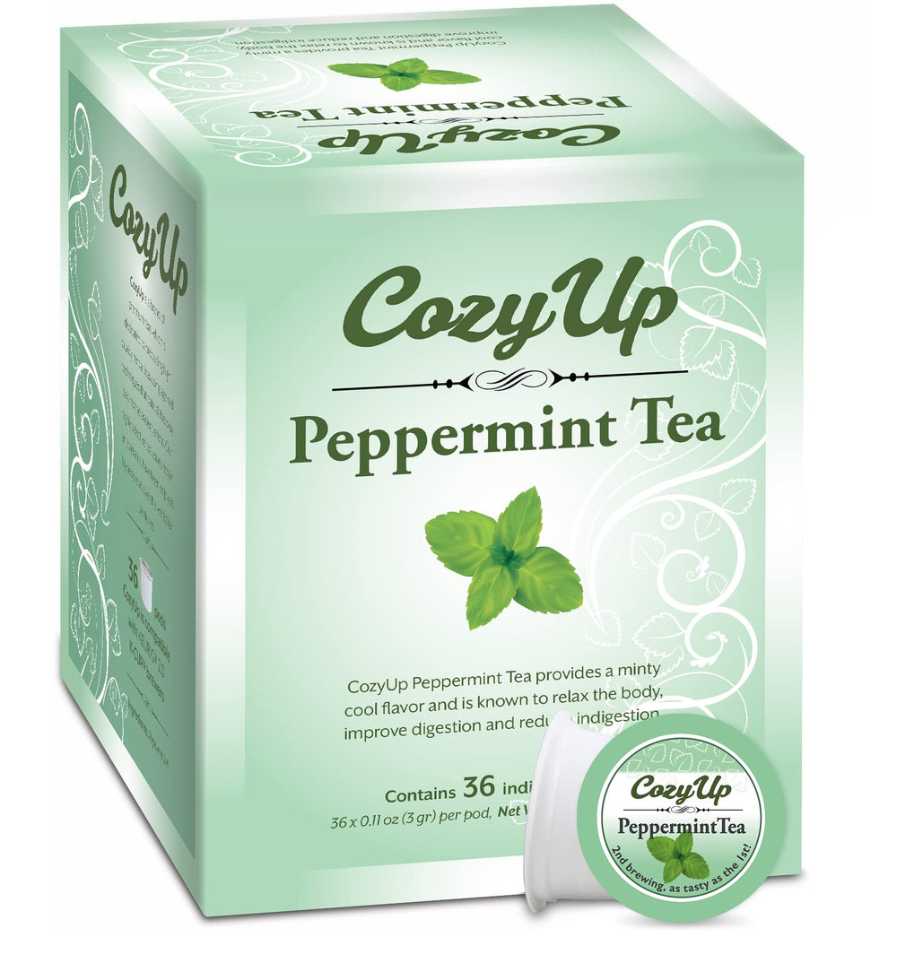 Cozy Up Peppermint Tea pod packaging highlights freshness and value.