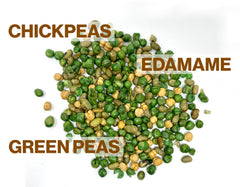 Closeup of roasted edamame and chickpeas in a Crait bag, bold crunch
