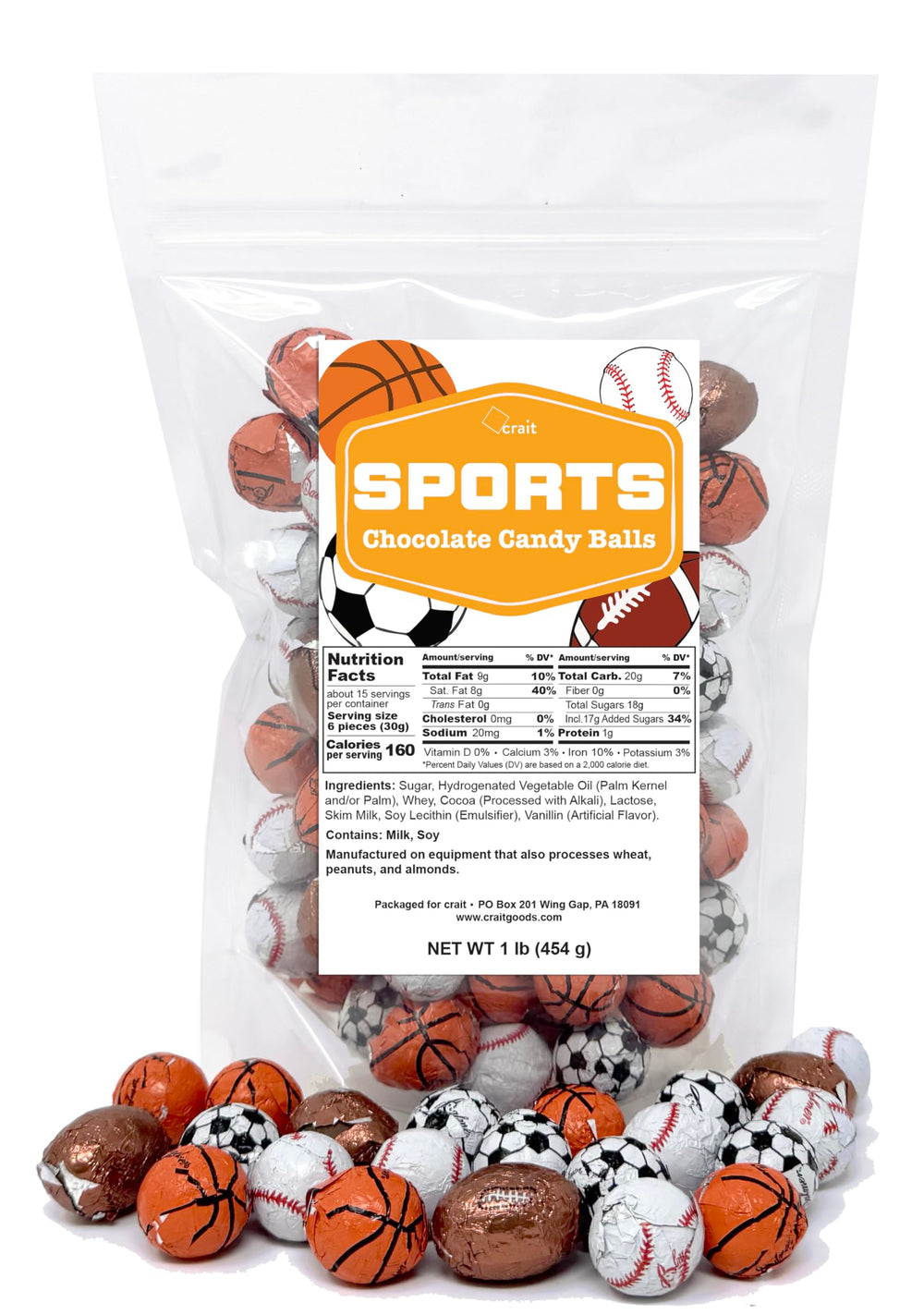 Crait Sports Chocolates 1lb bag featuring bite-size milk chocolates for game-day snacking.