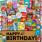 CRAVEBOX Birthday Care Package contents showcase a vibrant snack assortment for celebrations.