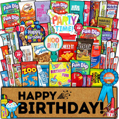 CRAVEBOX Birthday Care Package contents showcase a vibrant snack assortment for celebrations.