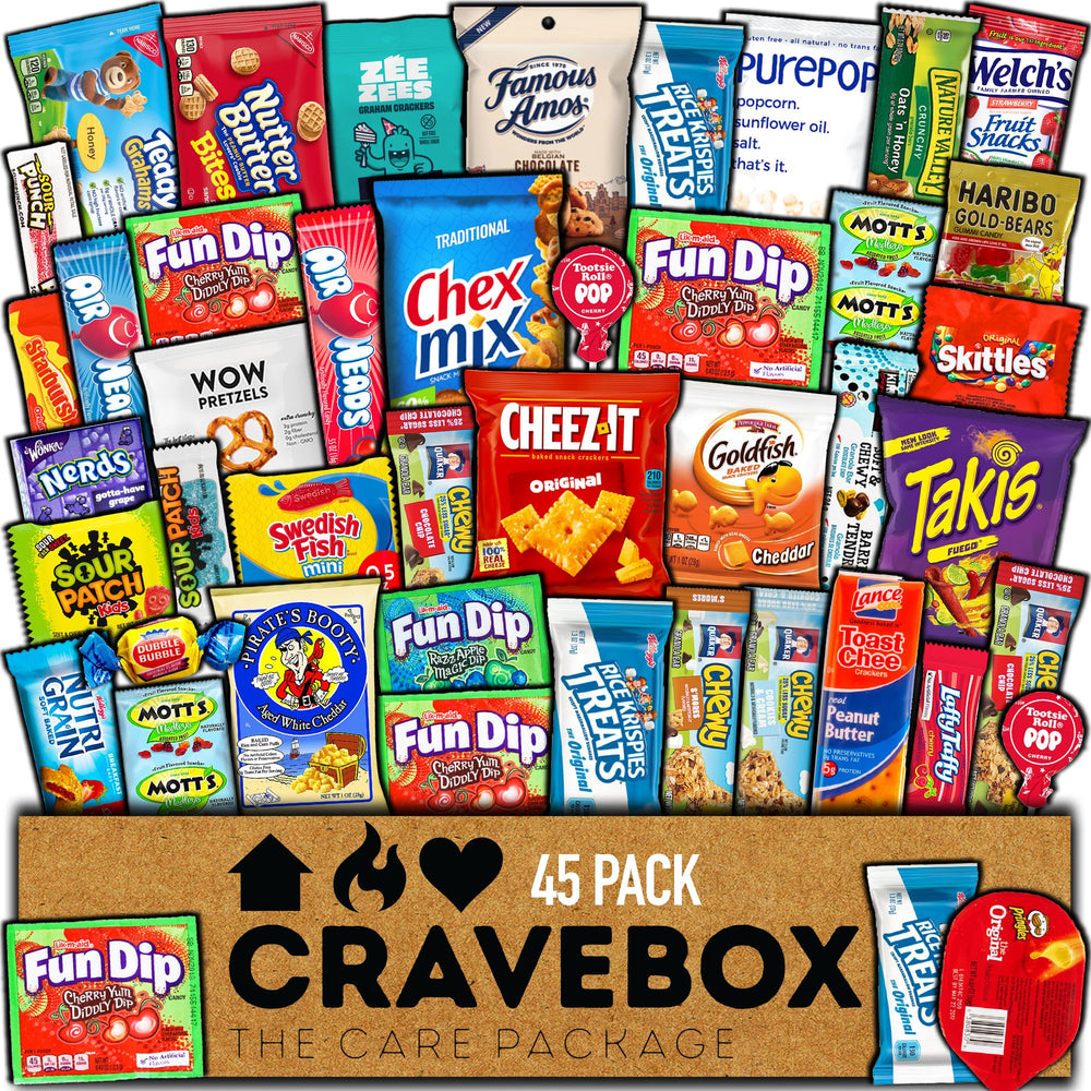 CRAVEBOX Snacks Box Variety Pack offers 45 snacks for office and home snacking.