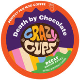 Crazy Cups Death by Chocolate decaf pods packshot highlighting the flavor and packaging.