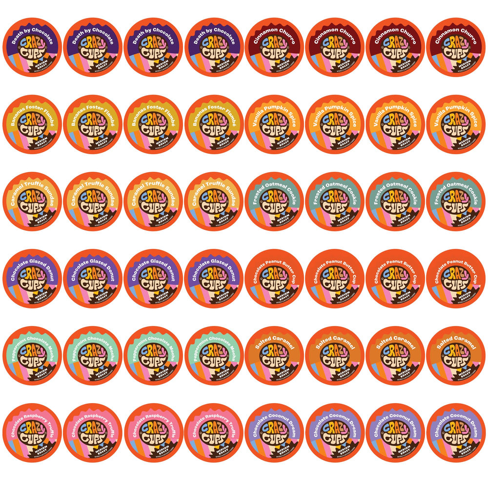 Crazy Cups Death By Chocolate pods for Keurig—gluten-free, lactose-free, vegan option.