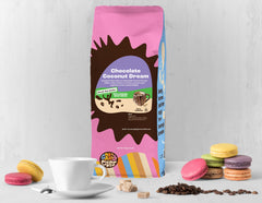 Crazy Cups Decaf Chocolate Coconut Dream iced glass highlights tropical notes and caffeine-free refreshment.
