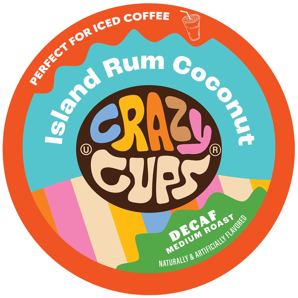 Crazy Cups decaf island coconut rum pod pack for K-cup brews, tropical flavor without caffeine.