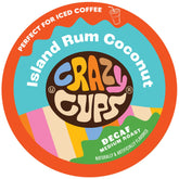 Crazy Cups decaf island coconut rum pod pack for K-cup brews, tropical flavor without caffeine.