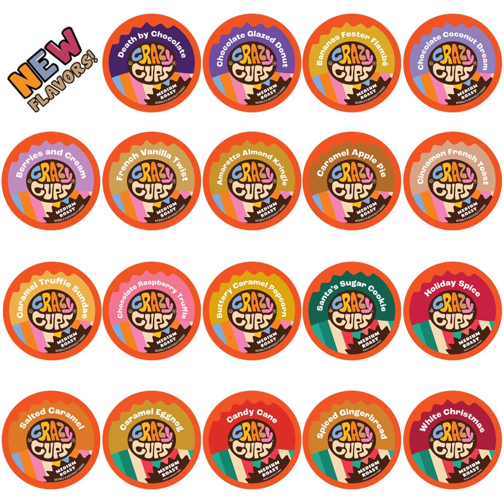 Crazy Cups flavored coffee pods variety pack for Keurig, broad flavor range.