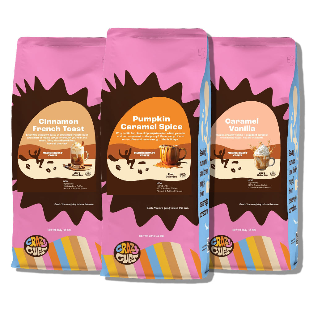 Crazy Cups Pumpkin Caramel Spice ground coffee 10 oz bag with a warm, inviting aroma