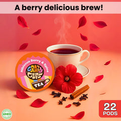 Hot brew of Crazy Cups hibiscus berry spice tea in a mug