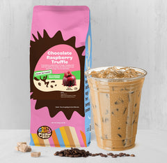 Hot Crazy Cups coffee in a mug with chocolate raspberry notes