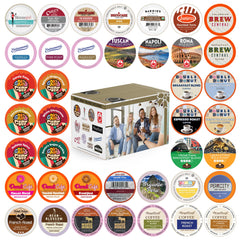 Crazy Cups 40-count variety pack on kitchen counter, ideal for versatile mornings.