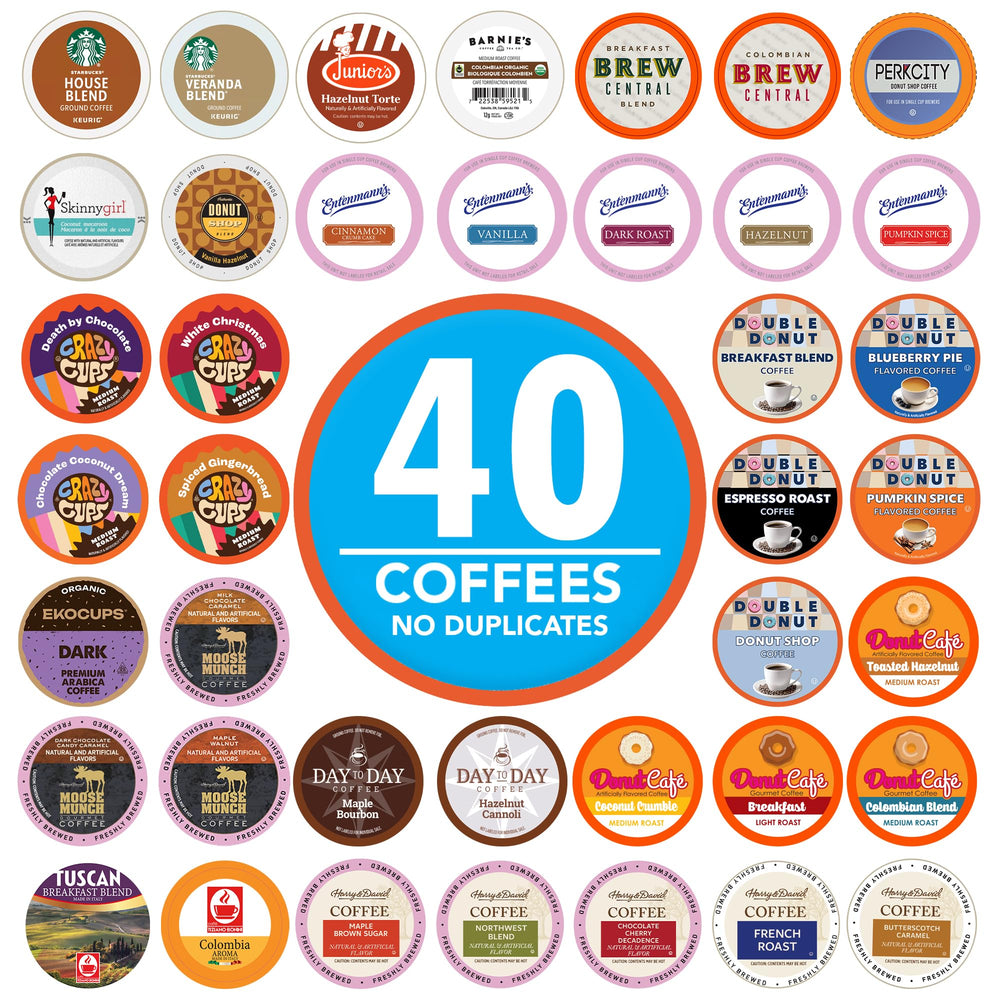 Crazy Cups variety-pack front view with 40 assorted coffee pods for quick mornings.