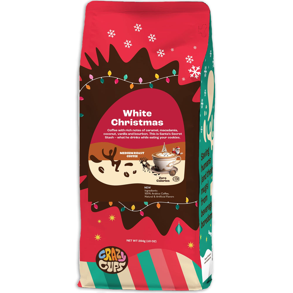 Crazy Cups White Christmas packaging highlighting premium, naturally flavored coffee.