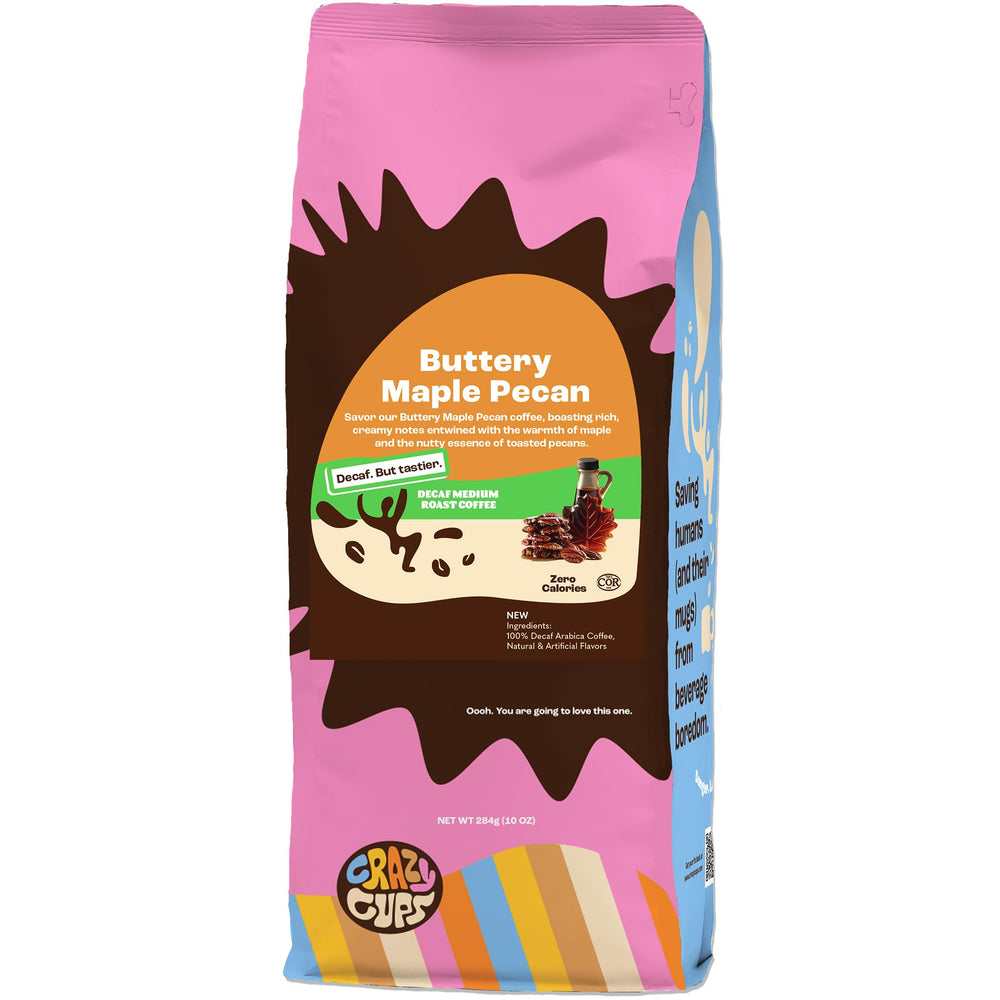Crazy Cups Decaf Maple Pecan ground coffee bag shows rich aroma for evening relaxation