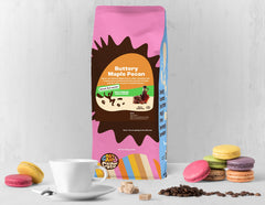 Crazy Cups Decaf Maple Pecan ground coffee pour highlights warm maple pecan notes