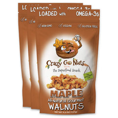 CrazyGoNuts maple glazed walnuts in a bowl, omega-3 rich vegan snack.