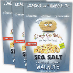 CrazyGoNuts Plain Sea Salt Walnuts in a bag showing vegan, simple ingredients