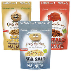 CrazyGoNuts Savory Sampler walnuts in plain sea salt for crunch and simple flavor.