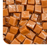 CrazyOutlet Caramel Cubes 2lb pack closeup shows creamy vanilla centers for snacking