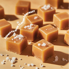 CRAZYOUTLET sea salt caramel cubes closeup reveals rich texture and color.
