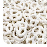 CRAZYOUTLET Yogurt Covered Pretzels close-up of creamy coating, ideal for office snacking.