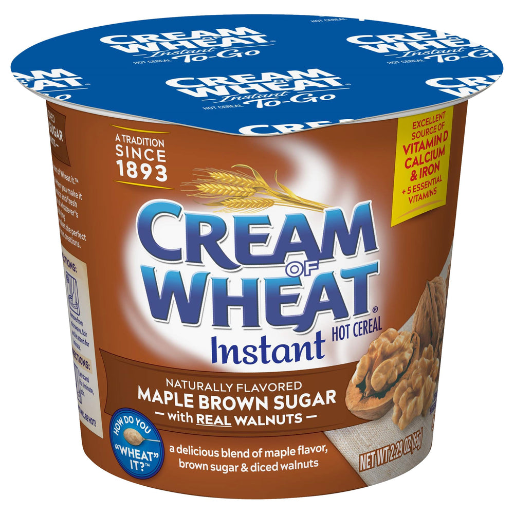 Cream of Wheat to-go cup Maple Brown Sugar Walnut for a quick breakfast.