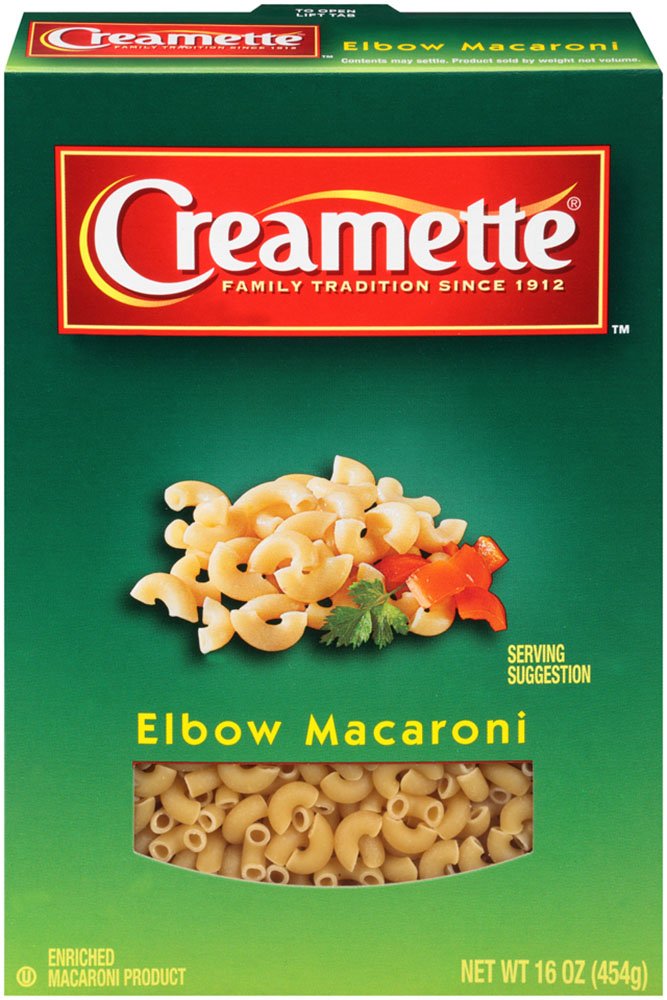 Creamette elbow macaroni box 16 oz on kitchen counter ready for versatile meals.
