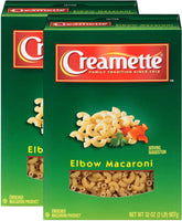 Creamette elbow macaroni pasta 16oz box front, classic family favorite ready for meals.