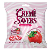 Crème Savers strawberries and creme candy close-up, creamy strawberry flavor perfect for a nostalgic treat.