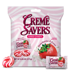 Crème Savers candy close-up reveals melt-in-mouth texture and fresh strawberry cream swirl.