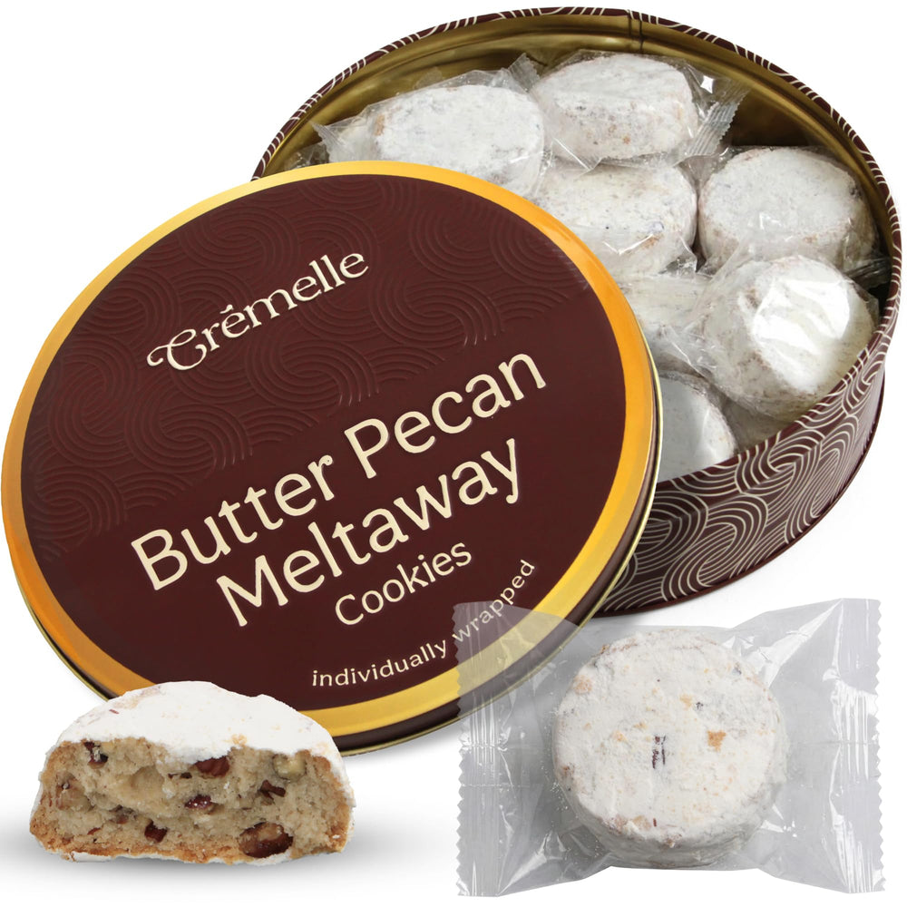 Cremelle Butter Pecan Meltaway Cookies in a decorative tin, ideal for Easter gifting.