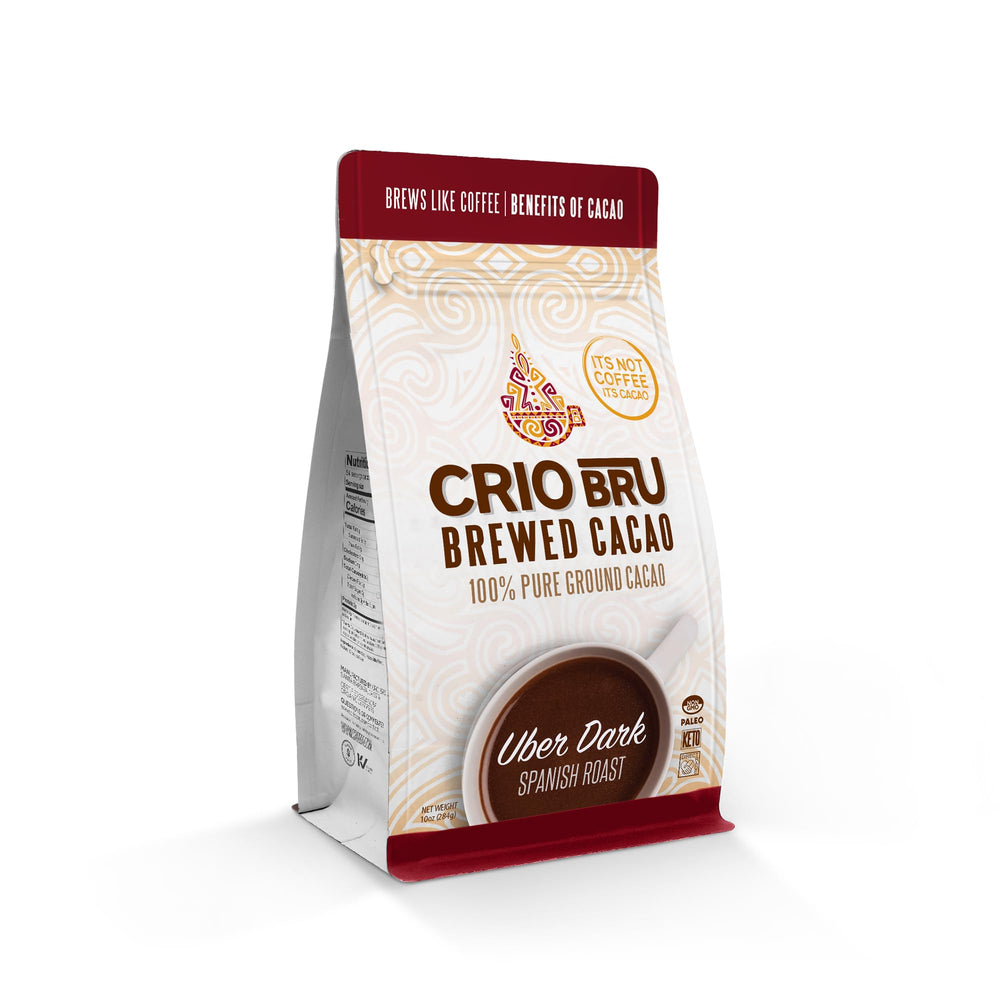 Crio Bru packaging showing 100% cacao beans for rich flavor.