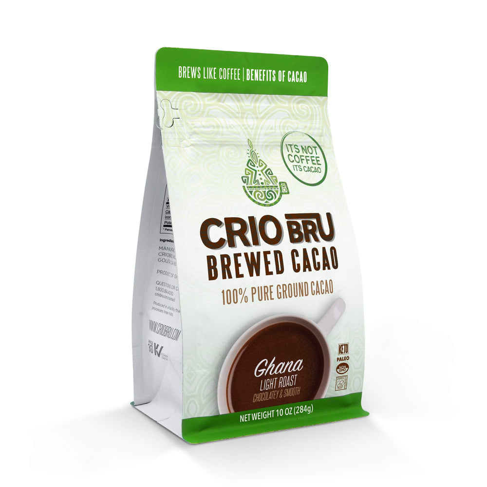 Crio Bru Ghana Light Roast ground cacao packaging ready to brew a smooth chocolatey cup