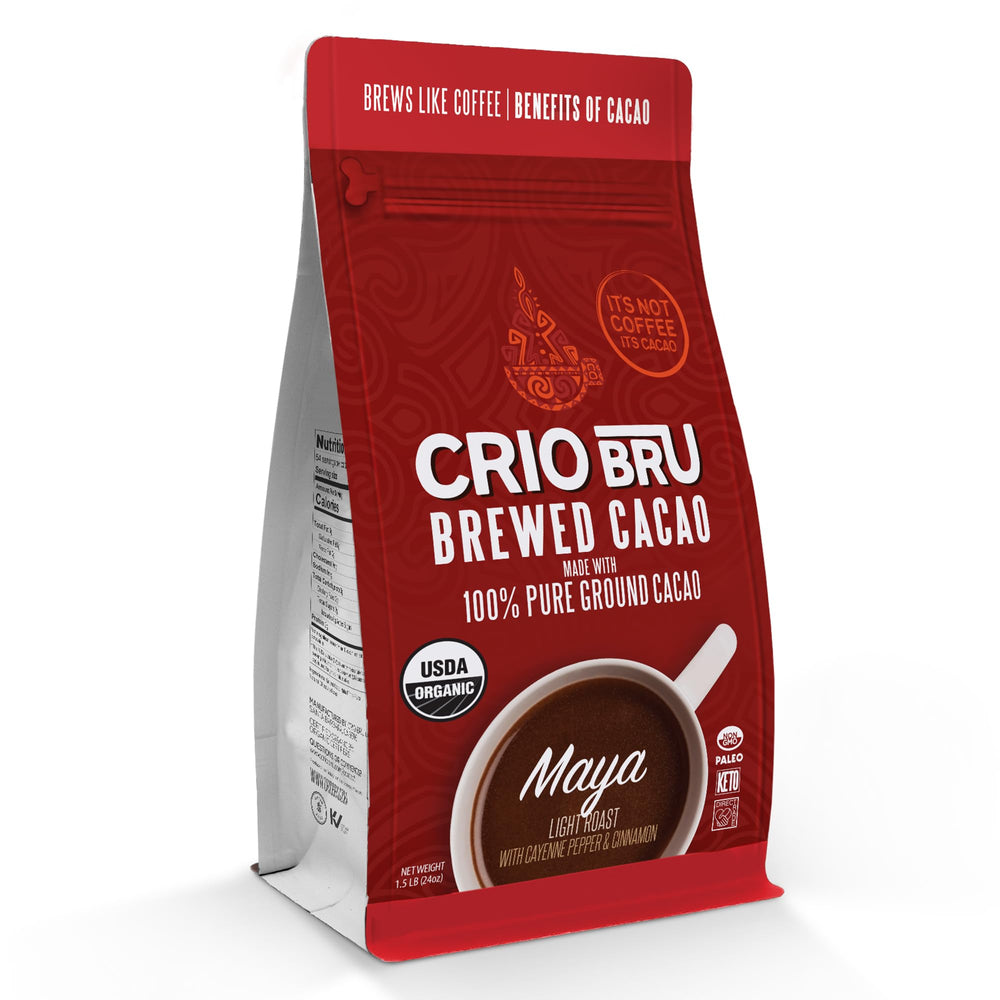 Crio Bru Maya Light Roast ground cacao provides rich chocolate aroma for a coffee substitute