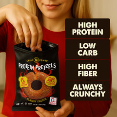 CRISP POWER Protein Pretzels Flamin' Crunch pack highlighting spicy flavor and protein