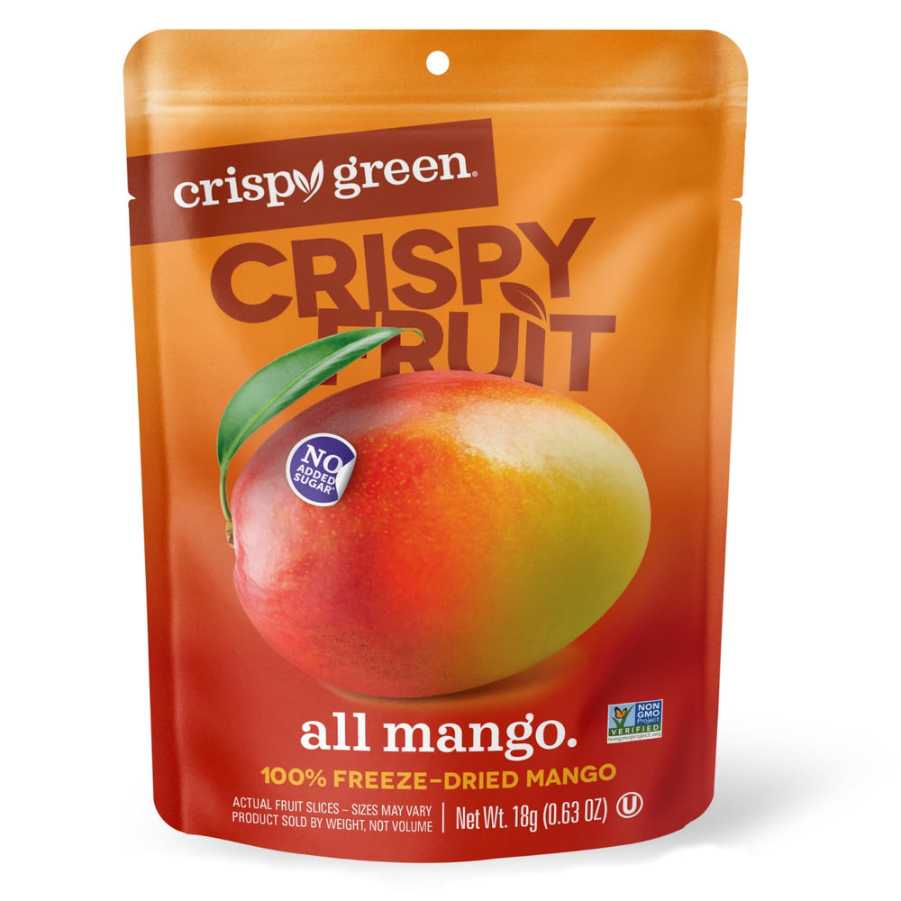 Crispy Green freeze-dried mango 12-pack, ideal for quick, healthy snacking.